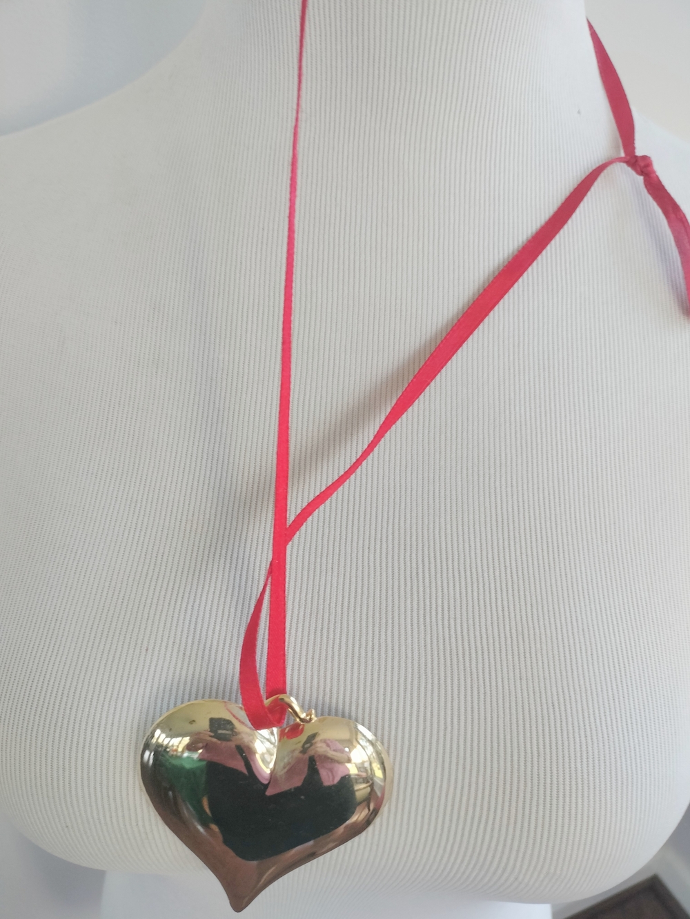 Gold Heart Pendant Necklace with Red Ribbon.       3" X 3"